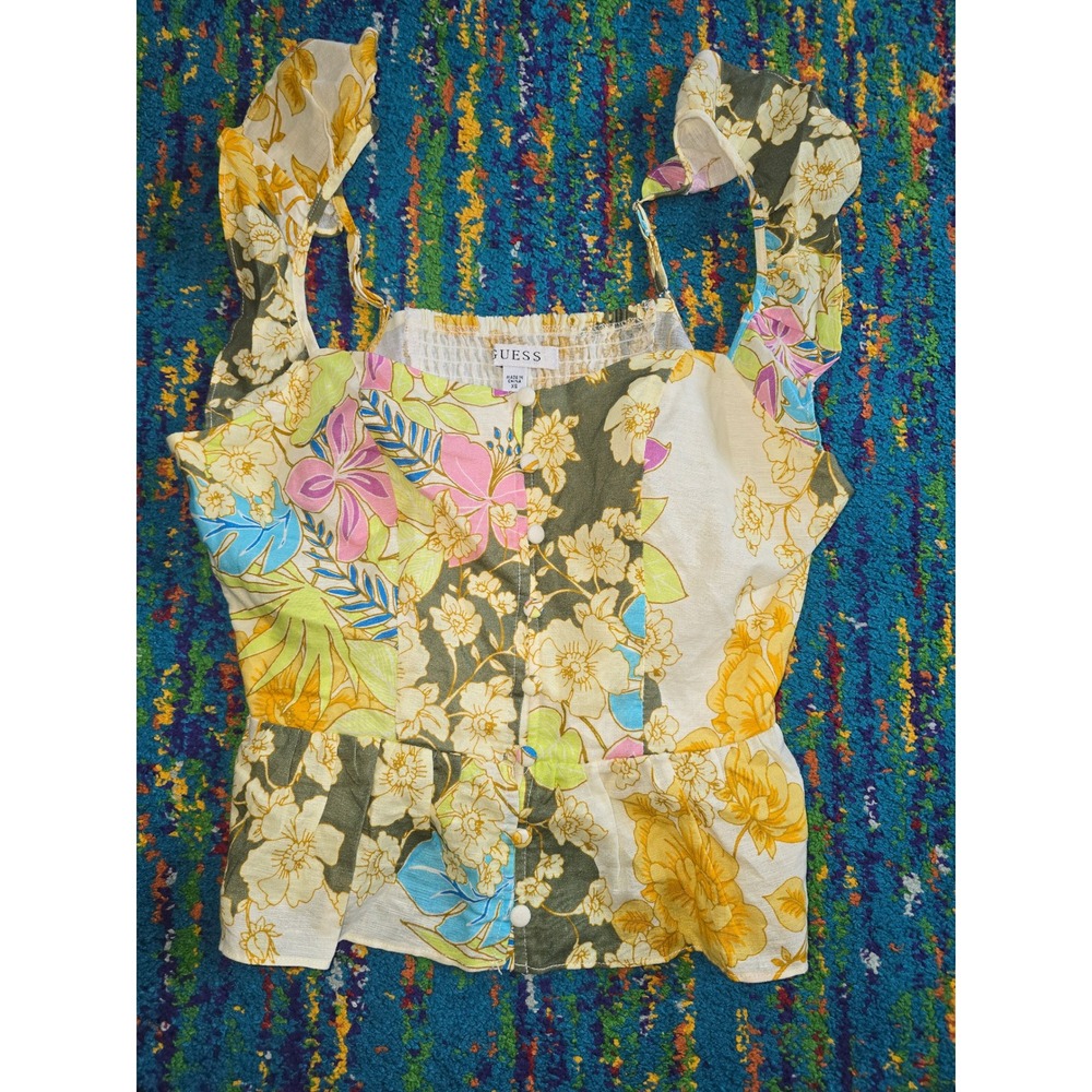 NWT Guess Peplum Top‎ Yellow Gold Coast Floral Ruffle Strap Womens XS